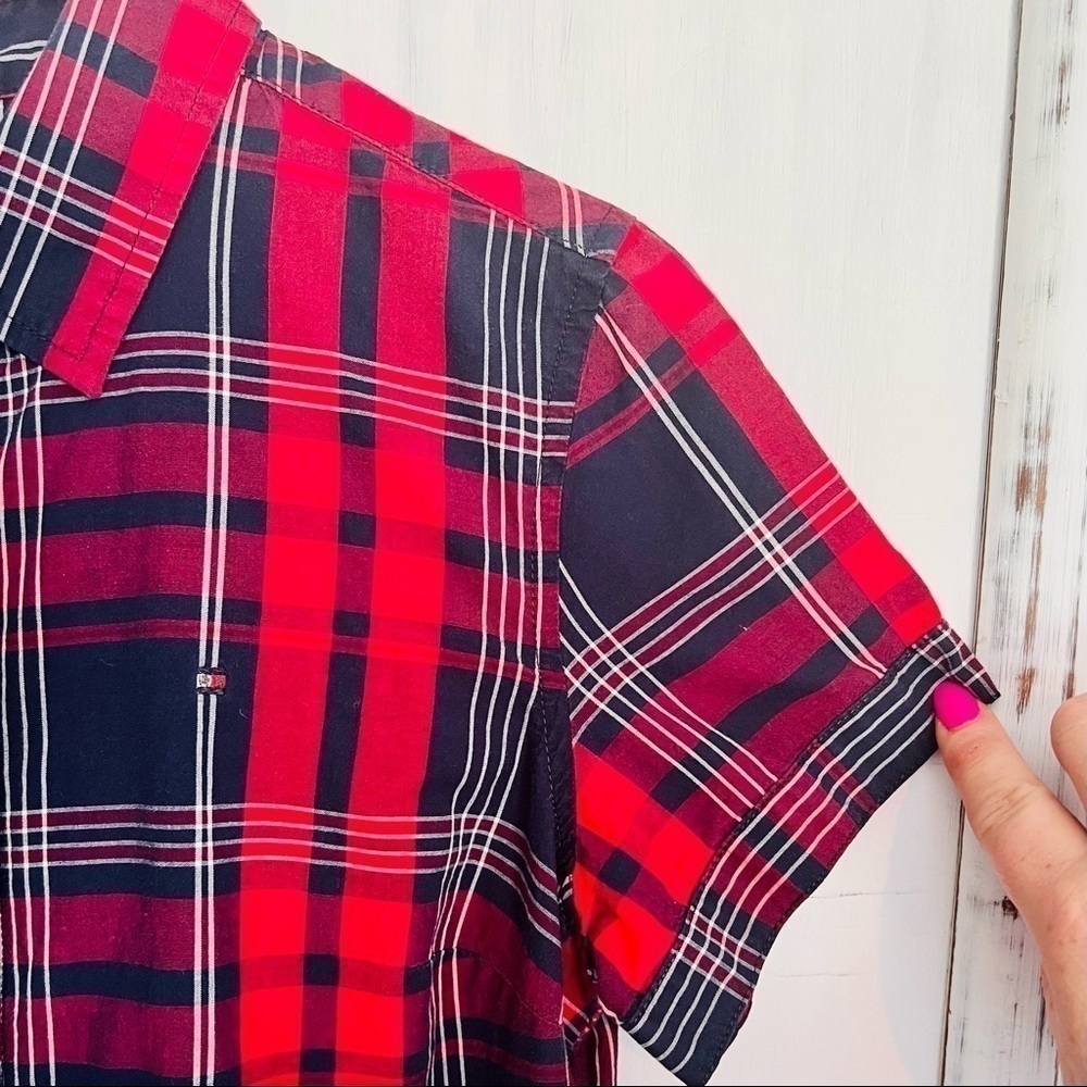 Tommy Hilfiger Plaid Button Up Collared Shirt Red and Navy Short Puffed Sleeve S - Picture 5 of 10